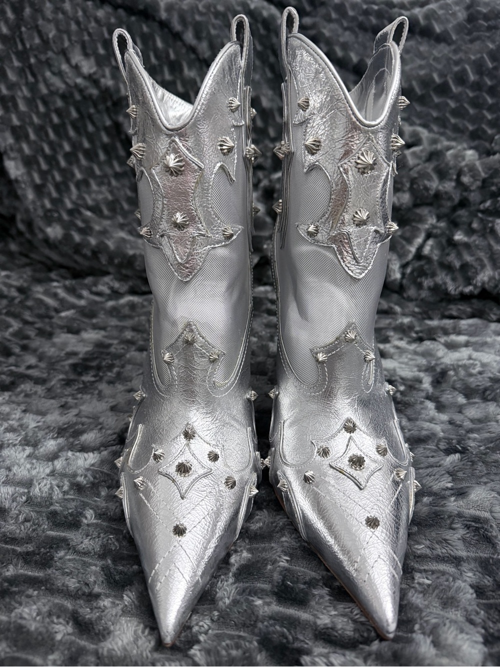Christian Louboutin Metallic Silver Studded Pointed-Toe Western Heeled Boots